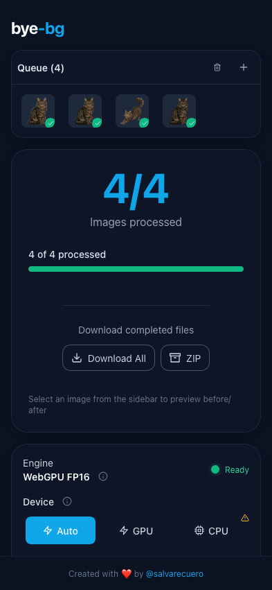 bye-bg on mobile: batch queue with four images processed and download all or ZIP options