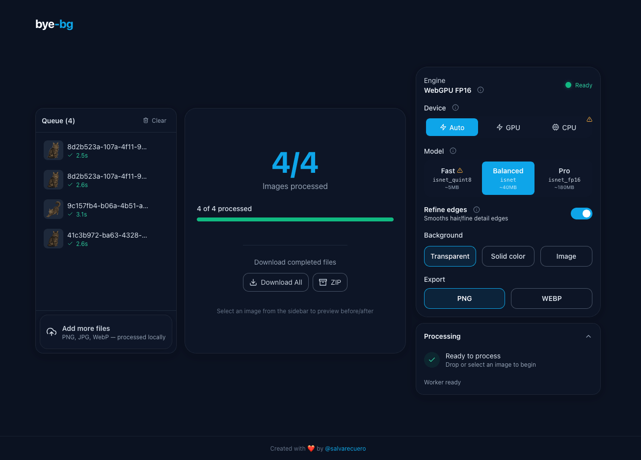 bye-bg desktop: batch queue with four images processed and download all or ZIP options