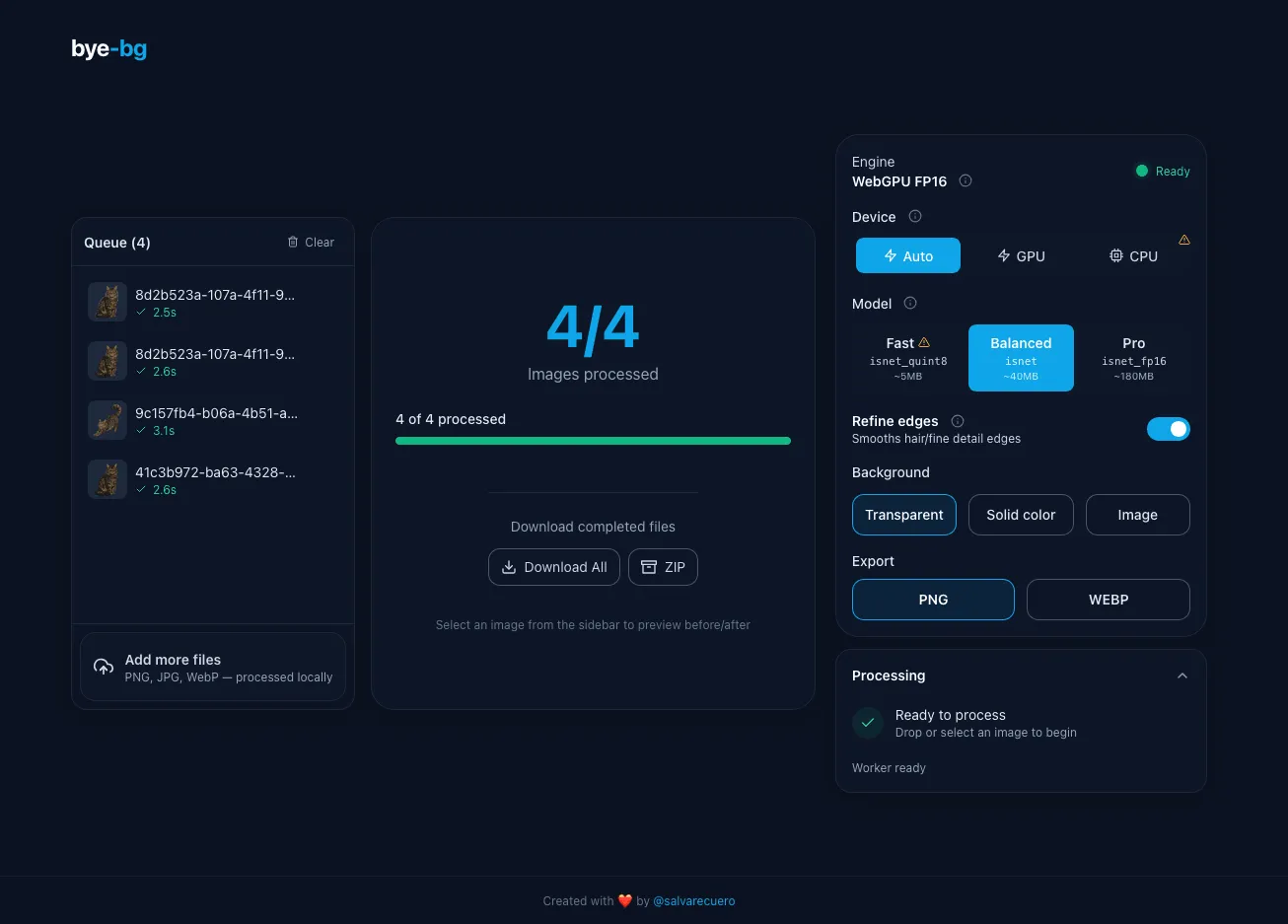 bye-bg desktop: batch queue with four images processed and download all or ZIP options