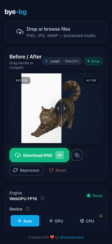 bye-bg on mobile: before and after slider with download, reprocess and reset actions