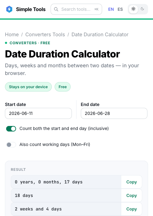 Simple Tool Stack on mobile: the Date Duration Calculator showing the days between two dates