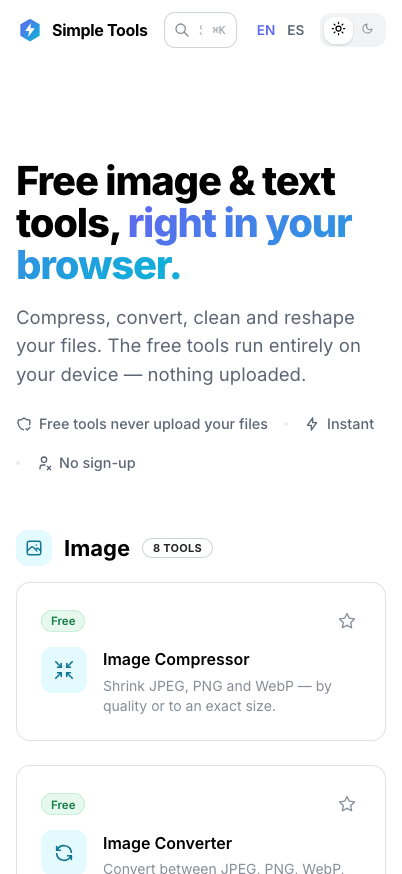 Simple Tool Stack on mobile: the home page headline and the start of the image tools list