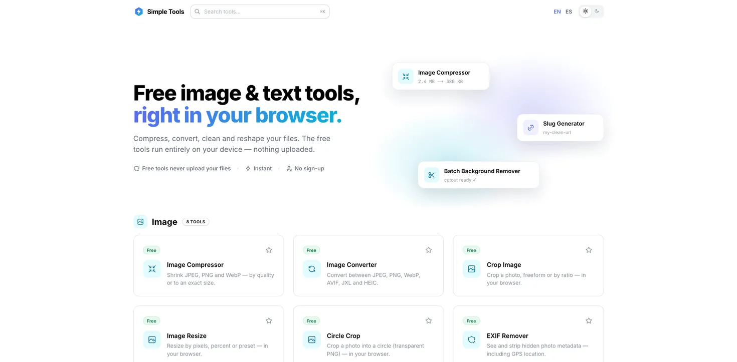 Simple Tool Stack: the home page with the 'Free image and text tools, right in your browser' hero above the Image tools grid (compressor, converter, crop, resize, circle crop, EXIF remover)