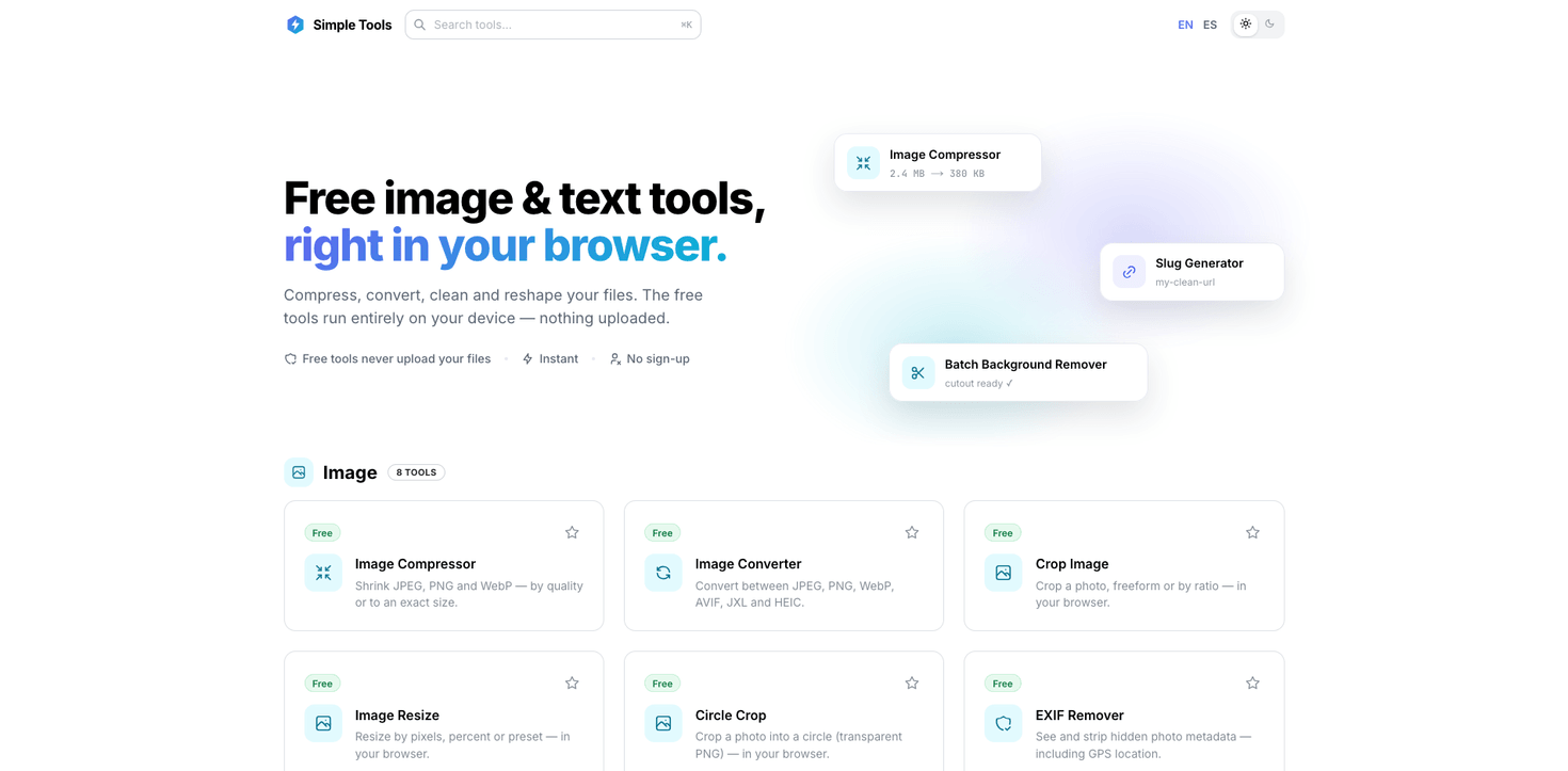 Simple Tool Stack: the home page with the 'Free image and text tools, right in your browser' hero above the Image tools grid (compressor, converter, crop, resize, circle crop, EXIF remover)