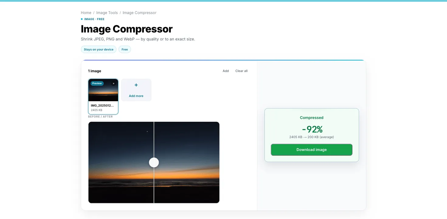 Simple Tool Stack: the Image Compressor showing a before and after of a compressed photo, 92 percent smaller, with a download button