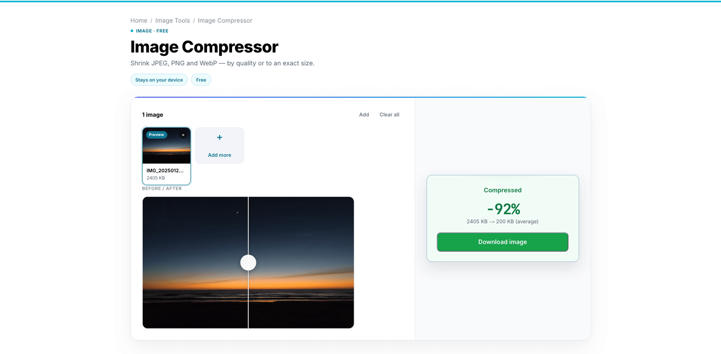 Simple Tool Stack: the Image Compressor showing a before and after of a compressed photo, 92 percent smaller, with a download button