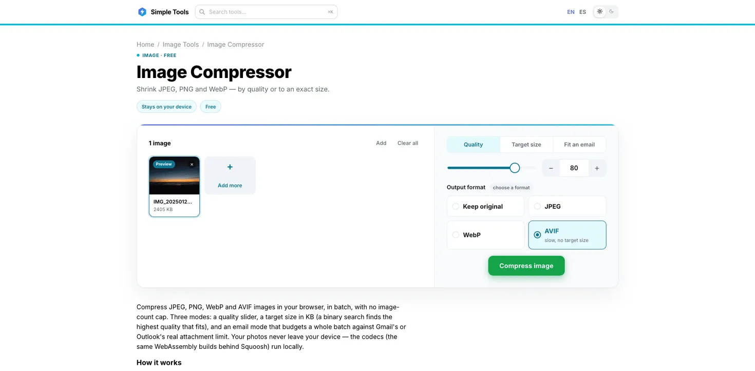 Simple Tool Stack: the Image Compressor controls with quality, target size and email modes and output format options