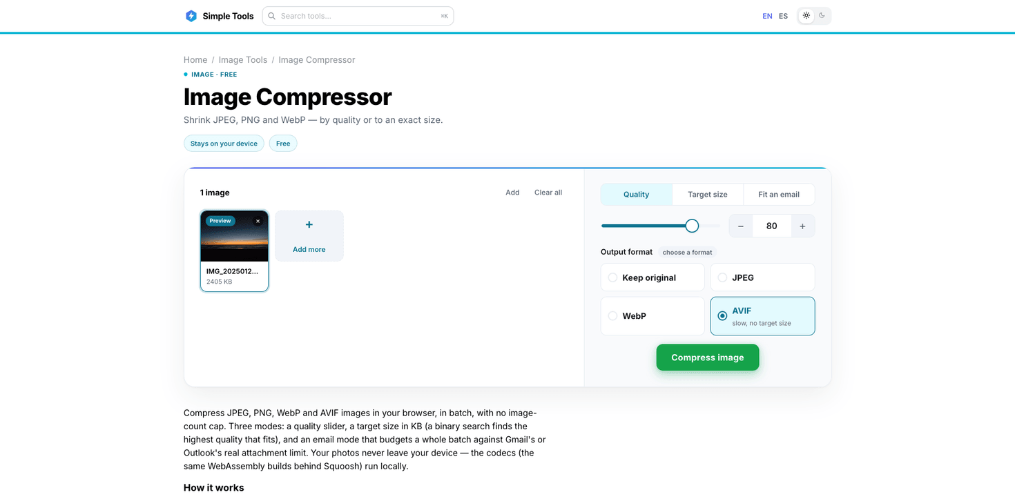 Simple Tool Stack: the Image Compressor controls with quality, target size and email modes and output format options