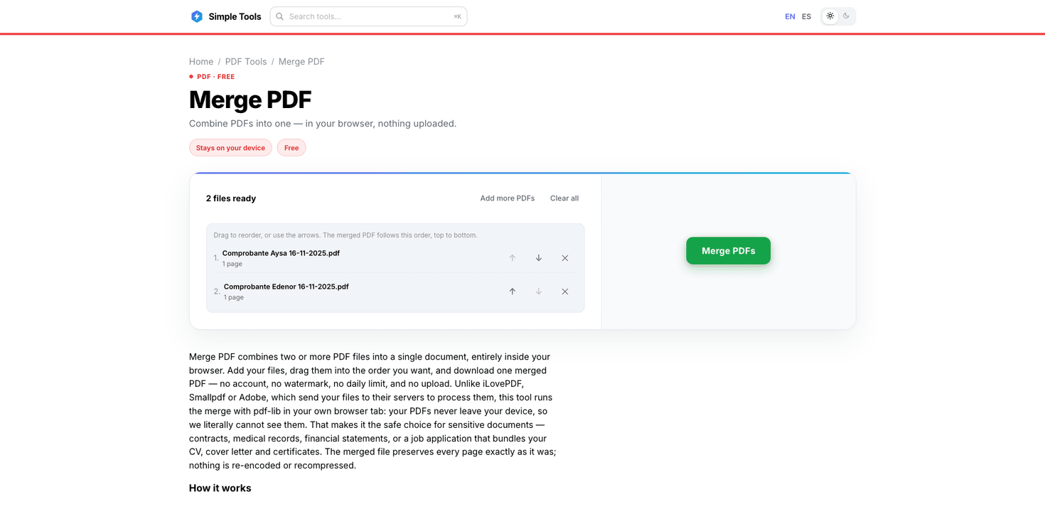 Simple Tool Stack: the Merge PDF tool with two files queued to combine into one document