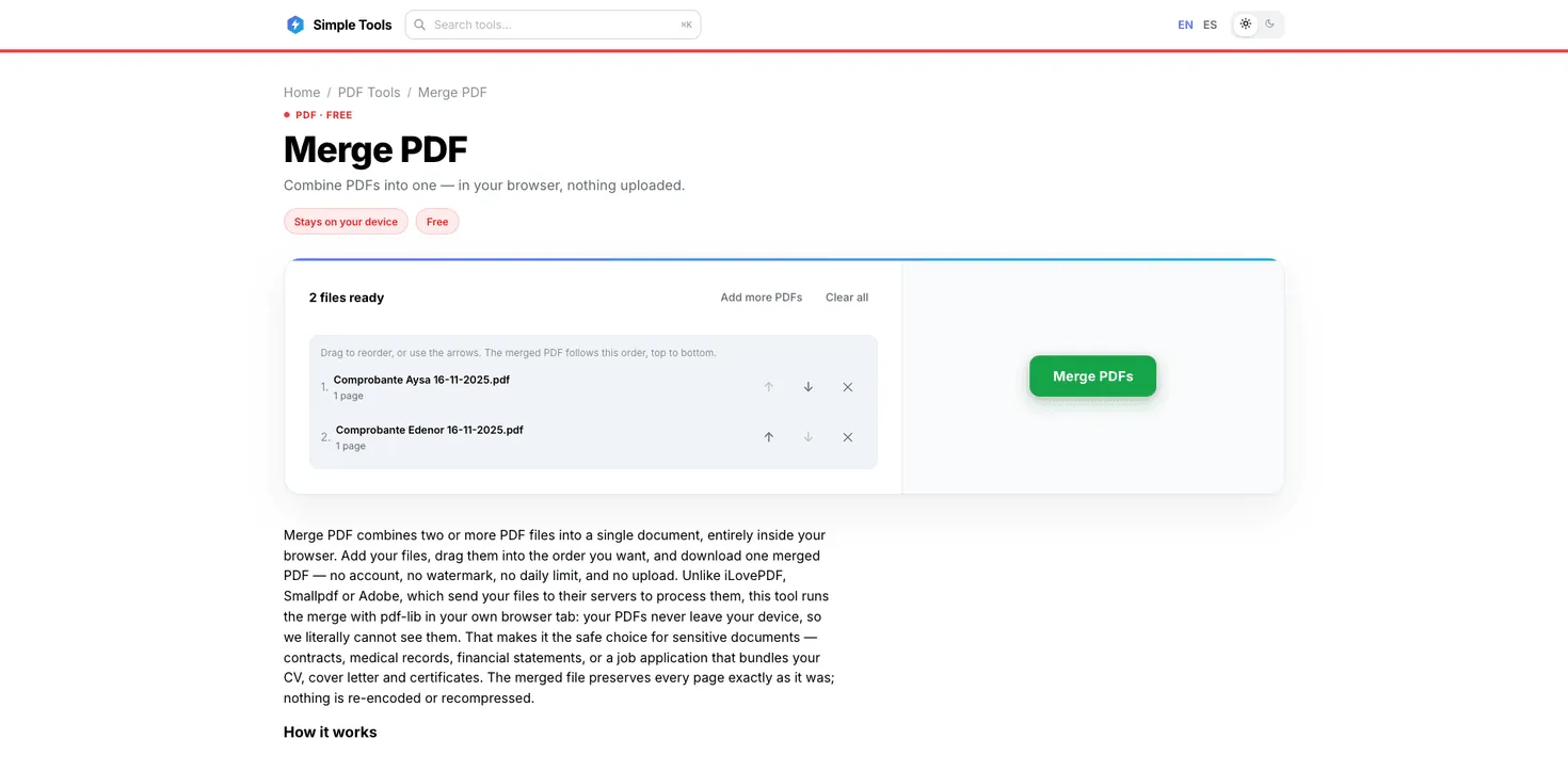 Simple Tool Stack: the Merge PDF tool with two files queued to combine into one document