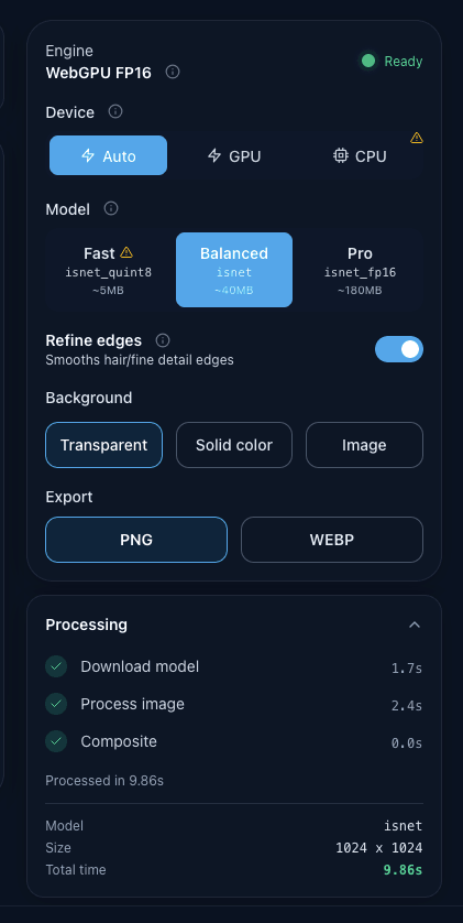 bye-bg controls: engine, device, model, background and export settings with per-step processing timings