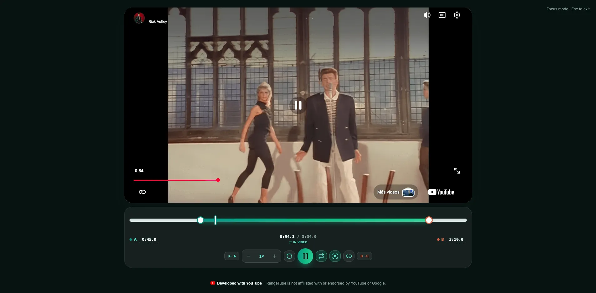RangeTube v2 on desktop: focus mode with a dark background, the YouTube player, compact loop range controls, and keyboard exit hint