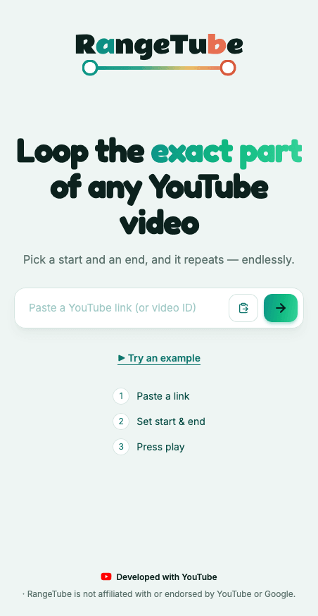 RangeTube v2 on mobile: the home screen with the new wordmark, YouTube URL input, load action, and three-step prompt