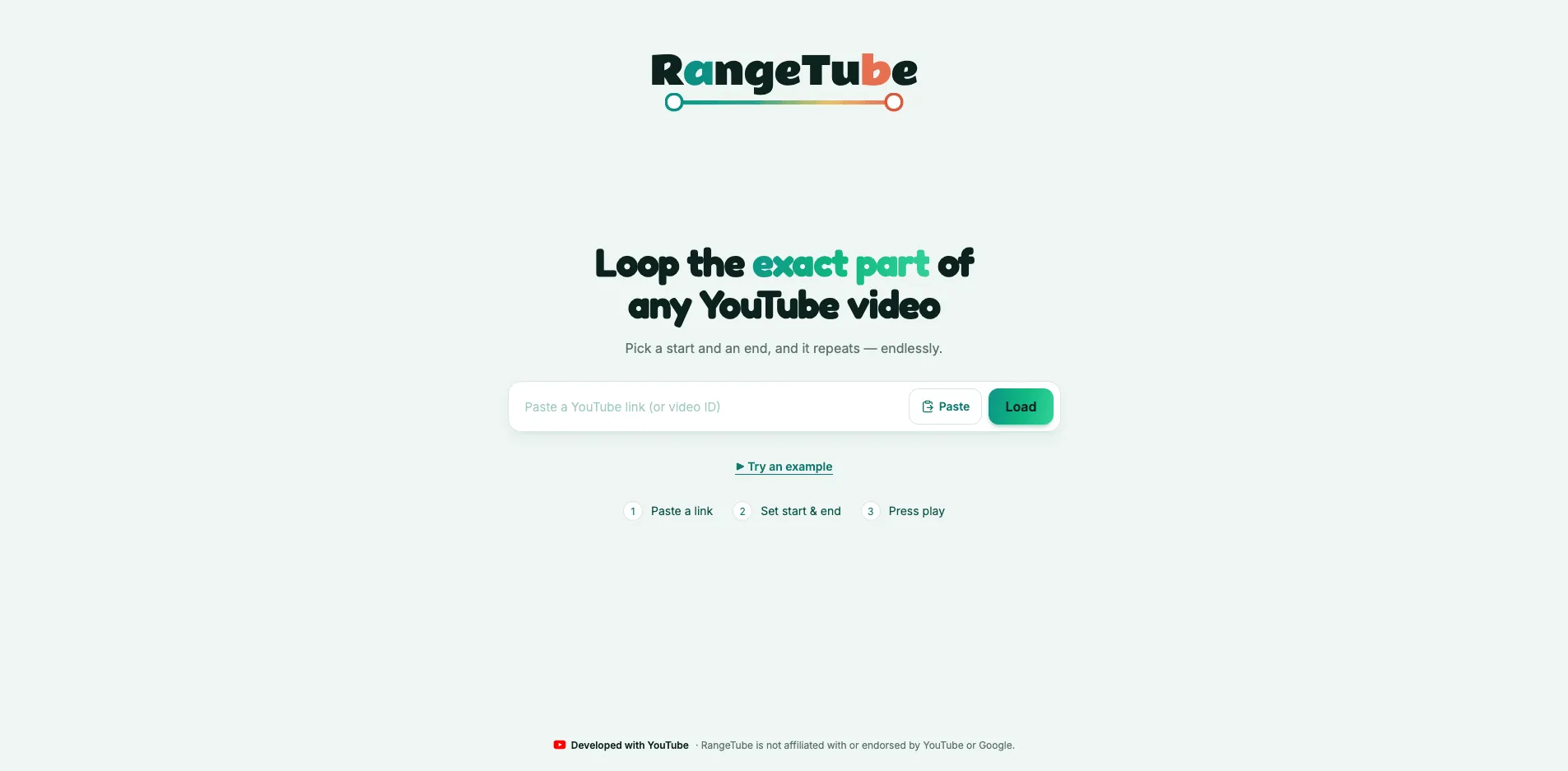 RangeTube v2 on desktop: the home screen with the new wordmark, value proposition, YouTube URL input, paste button, load button, and example link