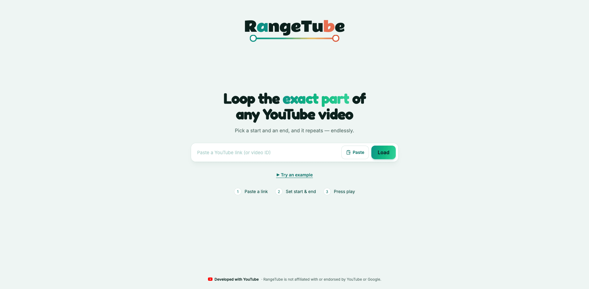 RangeTube v2 on desktop: the home screen with the new wordmark, value proposition, YouTube URL input, paste button, load button, and example link