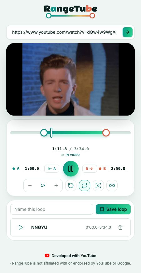 RangeTube v2 on mobile: a loaded YouTube video, compact A-B loop controls, playback speed, copy link, and saved loops panel