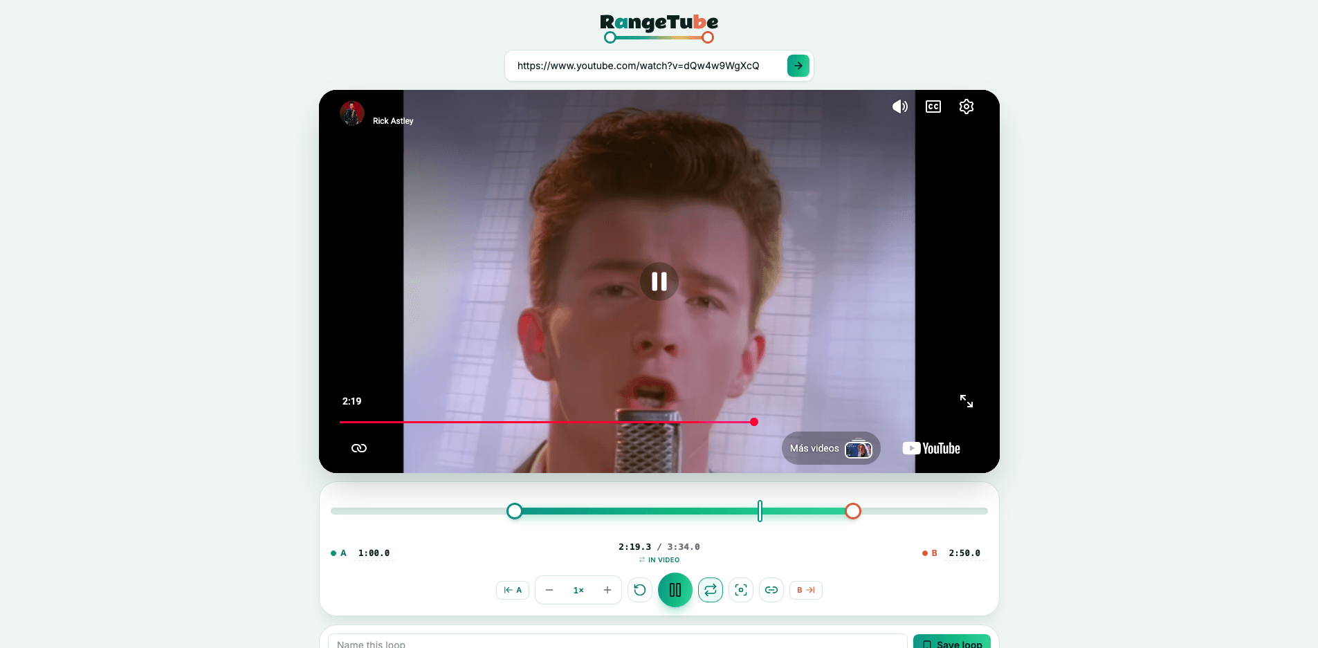RangeTube v2 on desktop: a YouTube video loaded above the redesigned A-B loop deck, playback speed controls, copy link, and saved loop form