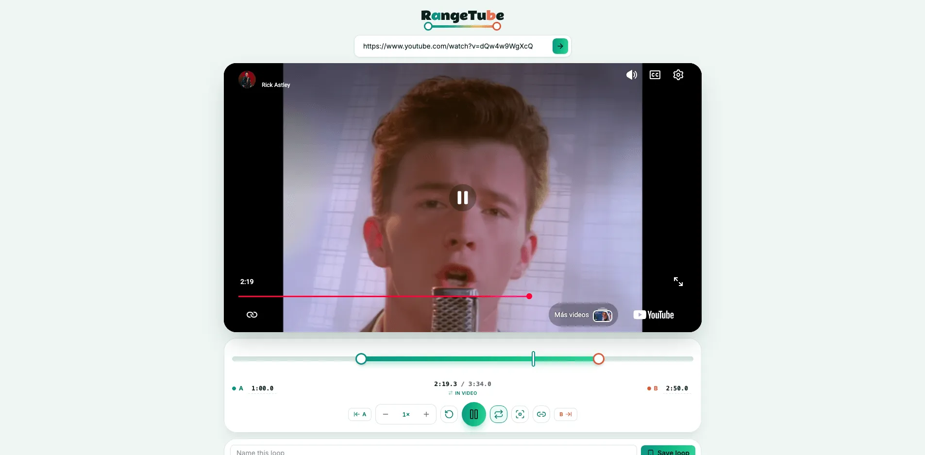 RangeTube v2 on desktop: a YouTube video loaded above the redesigned A-B loop deck, playback speed controls, copy link, and saved loop form